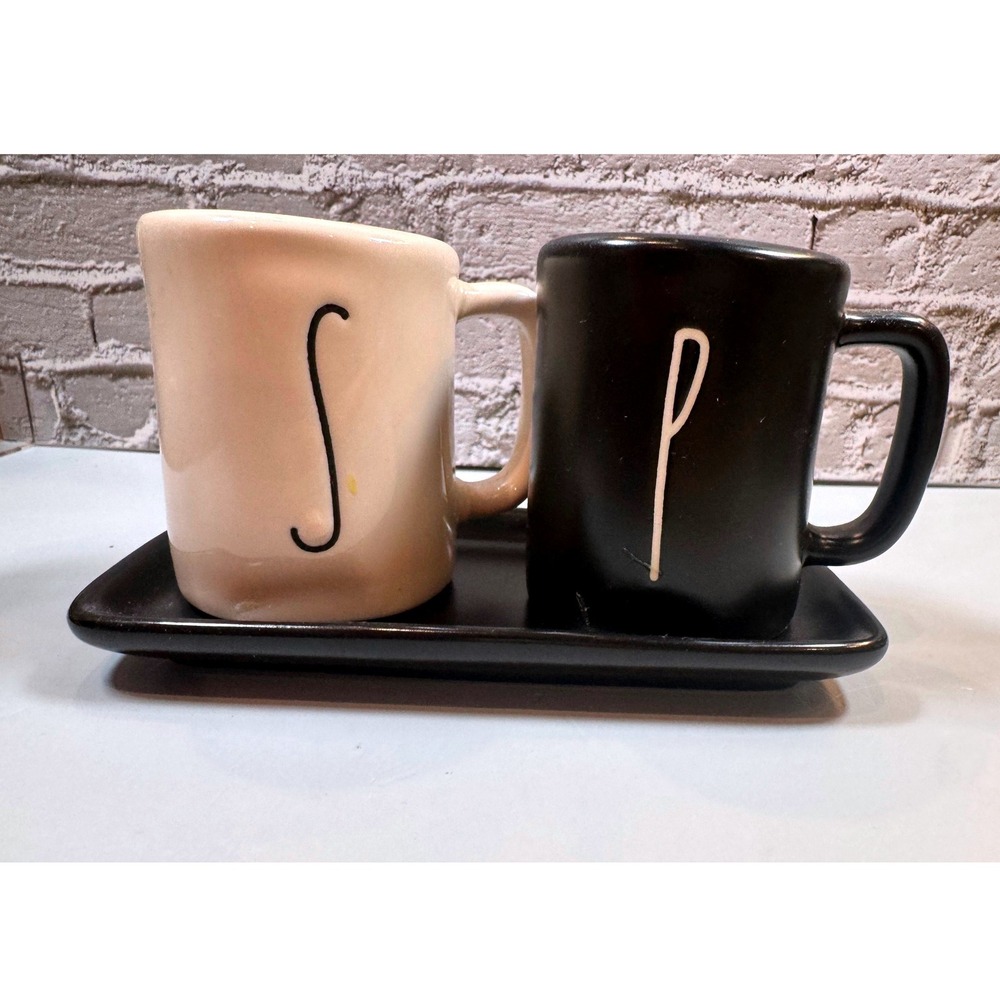 Rae Dunn Salt And Pepper Shakers Tray Set Black Cream Mug Shape Farmhouse Decor